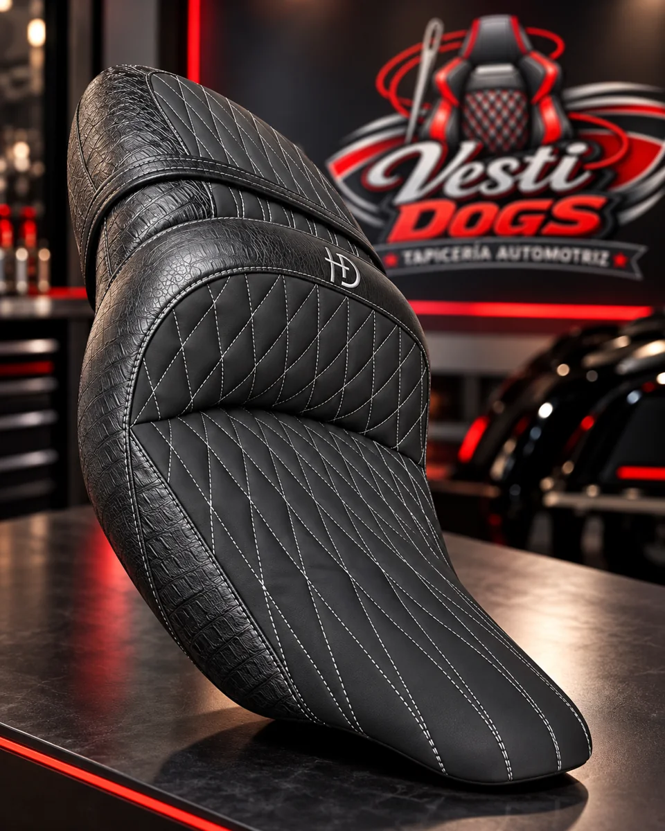 Asiento de moto negro con costuras en rombos