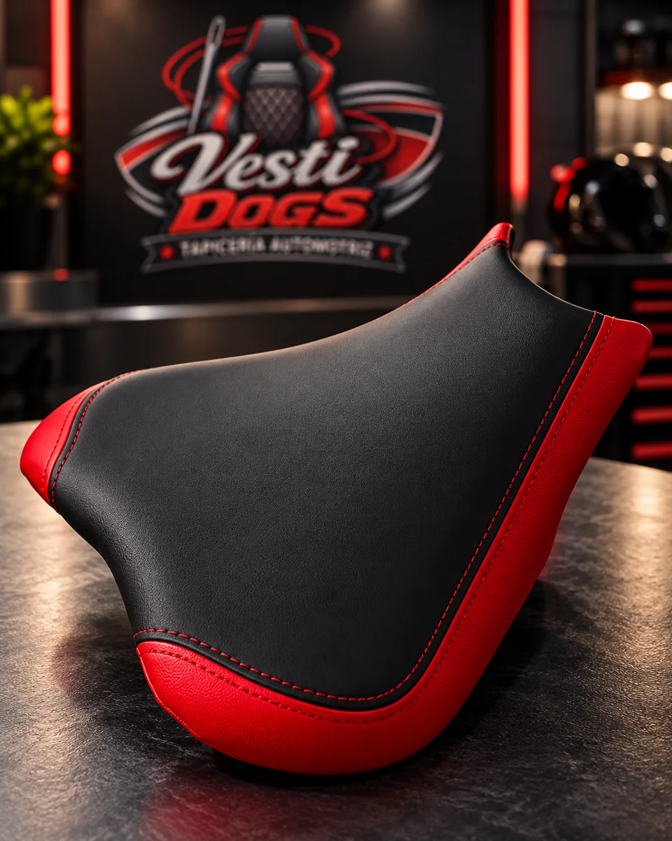 Asiento de moto negro con laterales rojos
