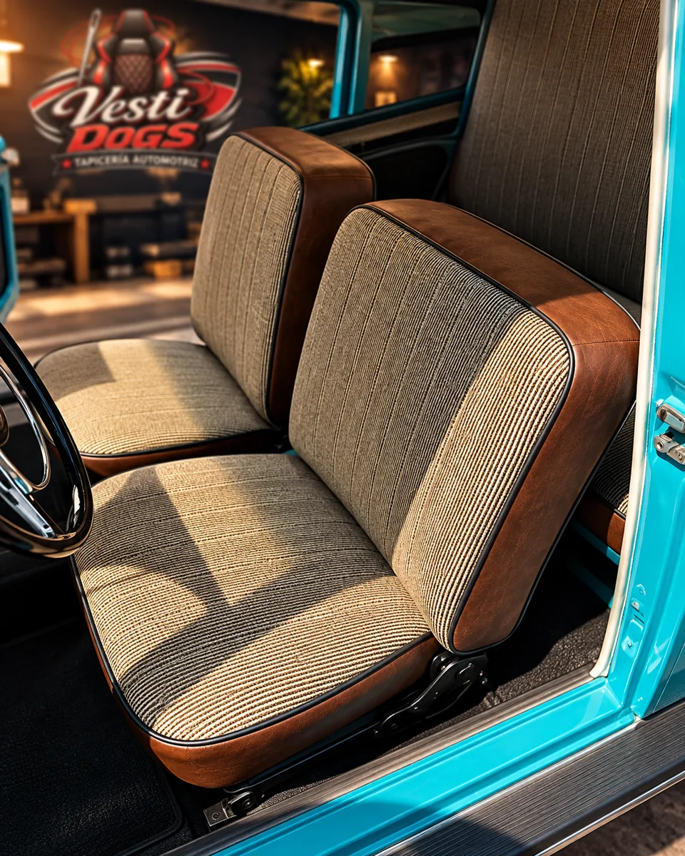 Vestiduras beige de un auto clásico